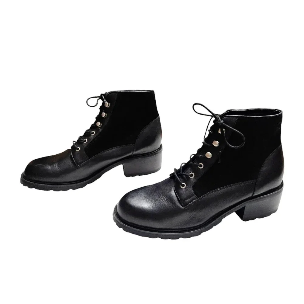 Jones New York Sport Women Sz 10 Black Leather Chunky Heel‎ Lace-up Ankle Bootie